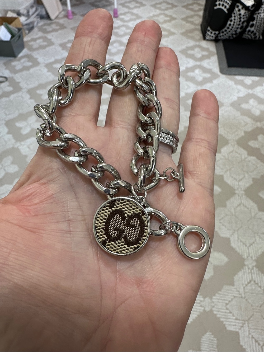 Upcycled authentic Gucci bag to bracelet silver toggle closure charm new piece
